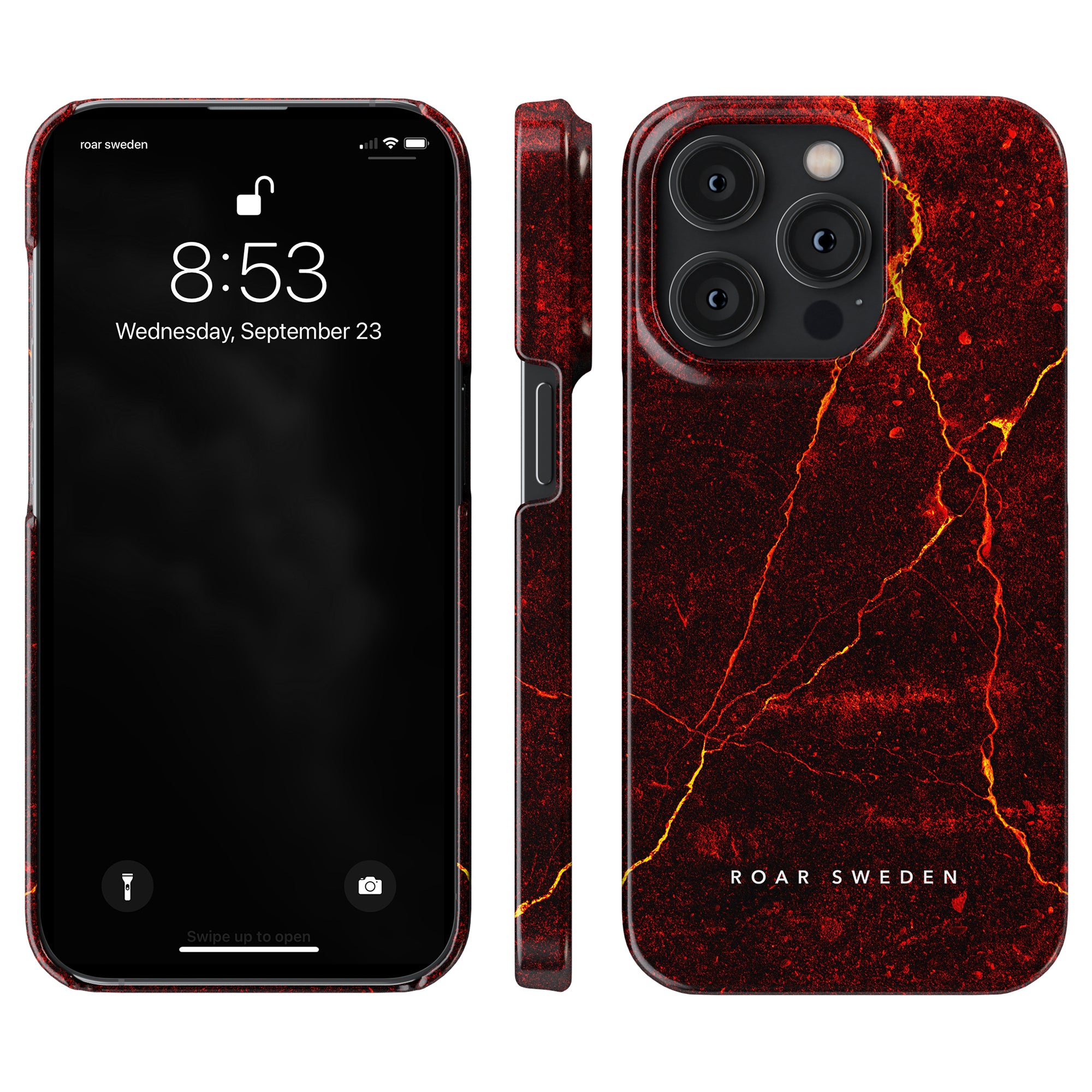 En röd marmor Caldera - Tunt fodral med svart bakgrund, perfekt för Samsung-användare.