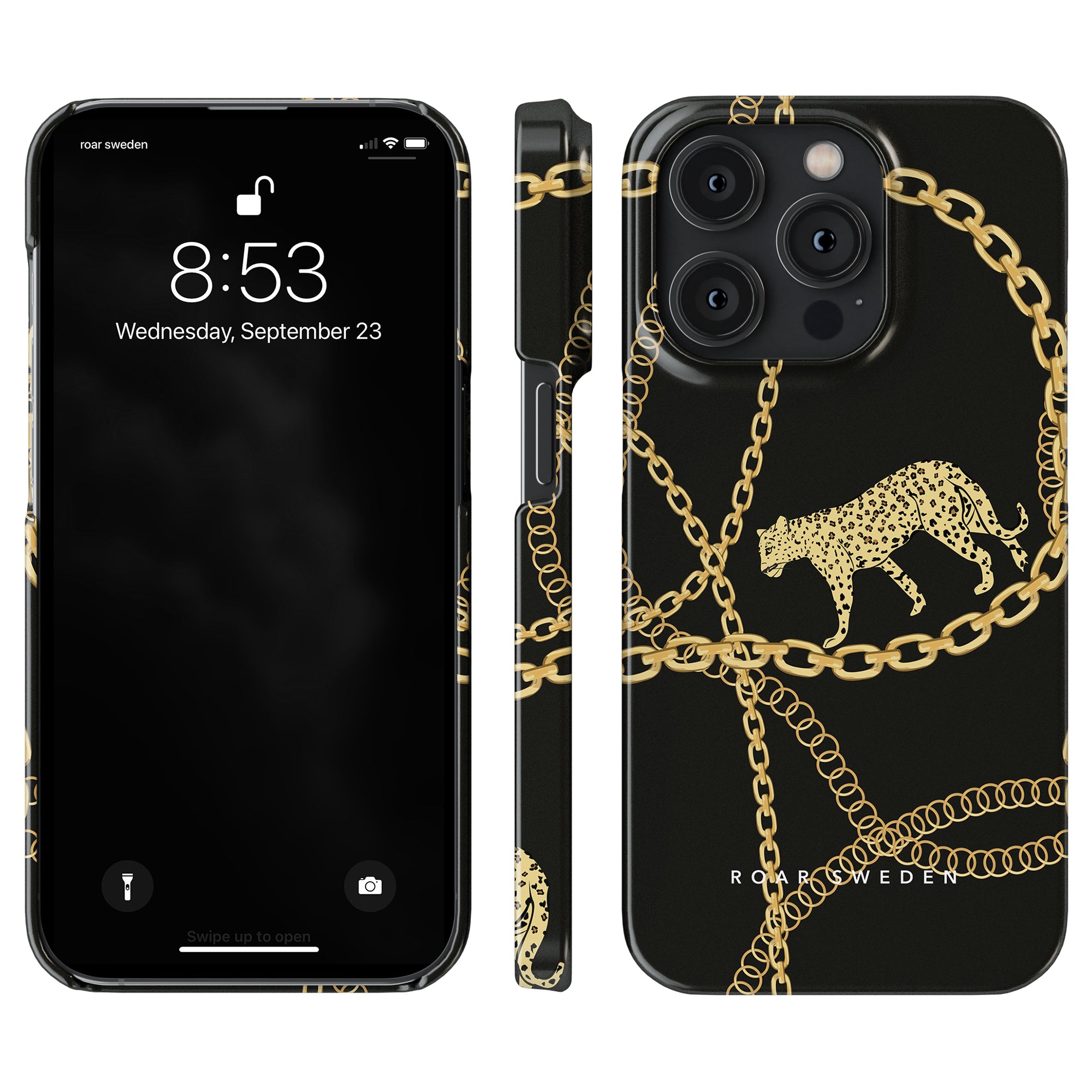 En svart och guldkedjor - Smal väska med leopardtryck. Lägger bara till ett av nyckelorden: mobilskal.