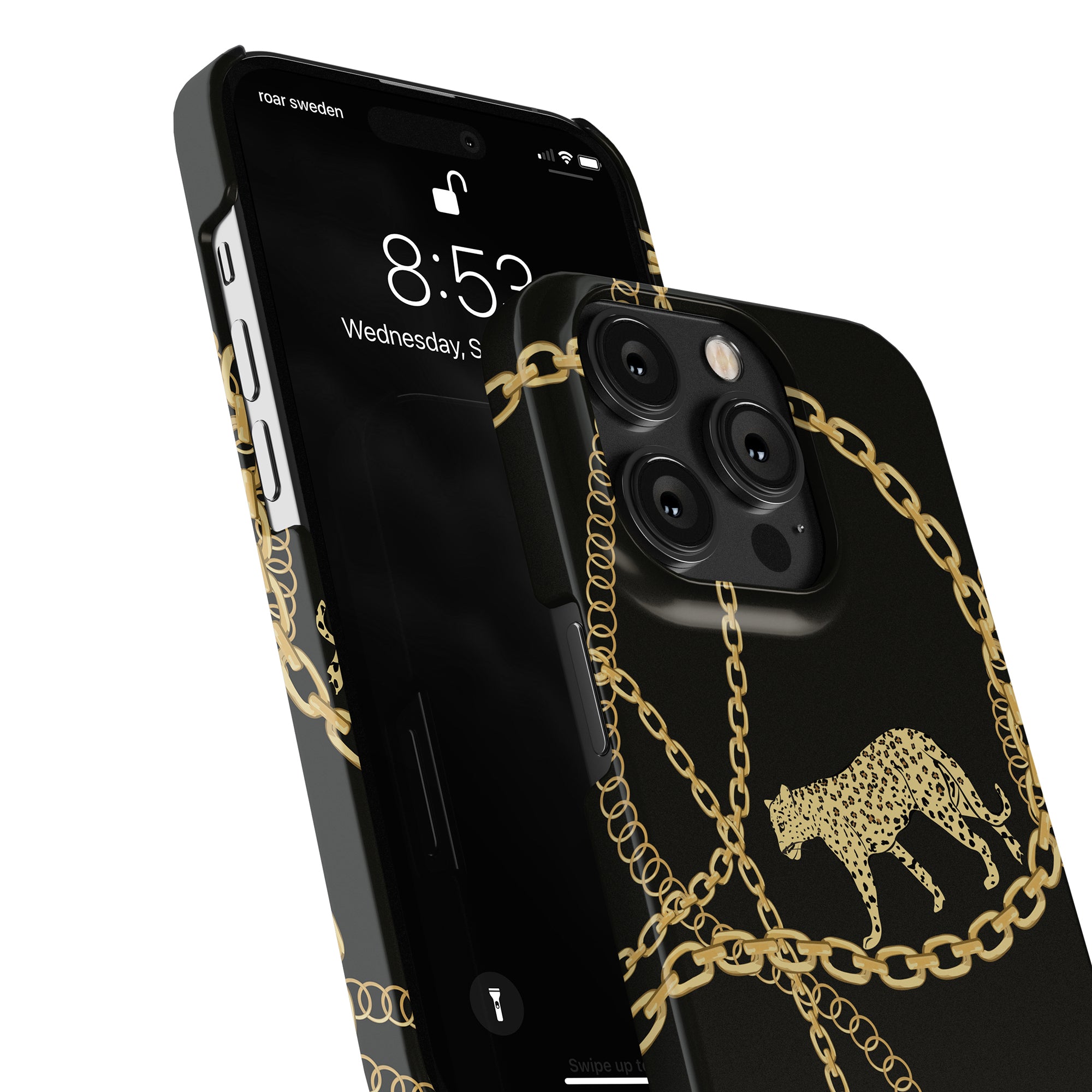 En svart Chains - Slimmet fodral med en guldkedja på, perfekt för dig som uppskattar eleganta accessoarer som smycken och mobilskal. Fodralet har ett elegant leopardmönster som tillför.