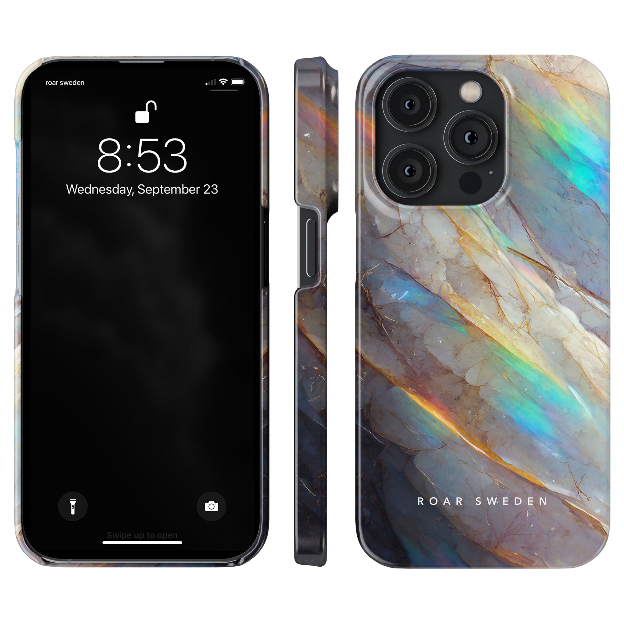 Ett kristall - smalt fodral för iPhone 11 Pro med ett regnbågsmarmormönster.