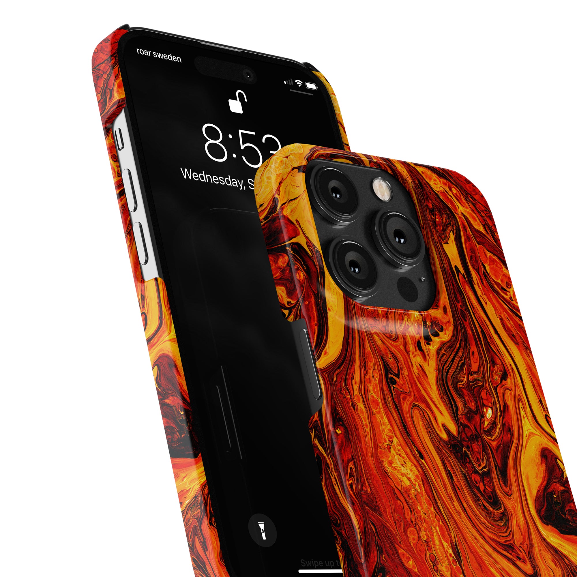 Maderas - Slim fodral är ett smartphonefodral med orange och svart marmordesign.