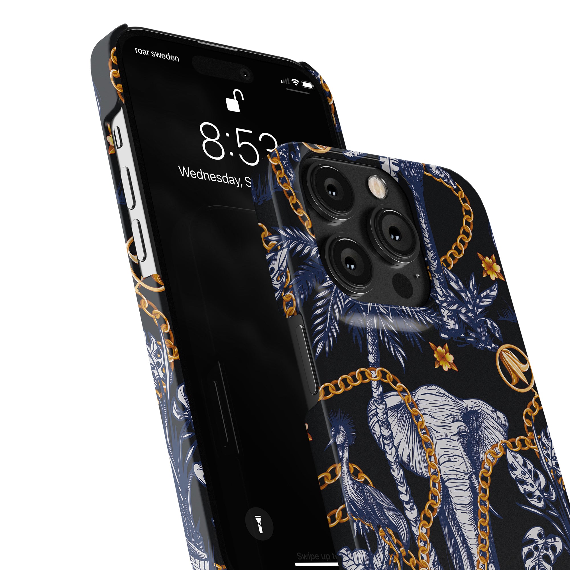 A sleek black and gold mobile case, the Safari - Slim case, designed specifically for iPhone 11 Pro. This stylish case not only provides excellent protection but also adds a touch of elegance to your.