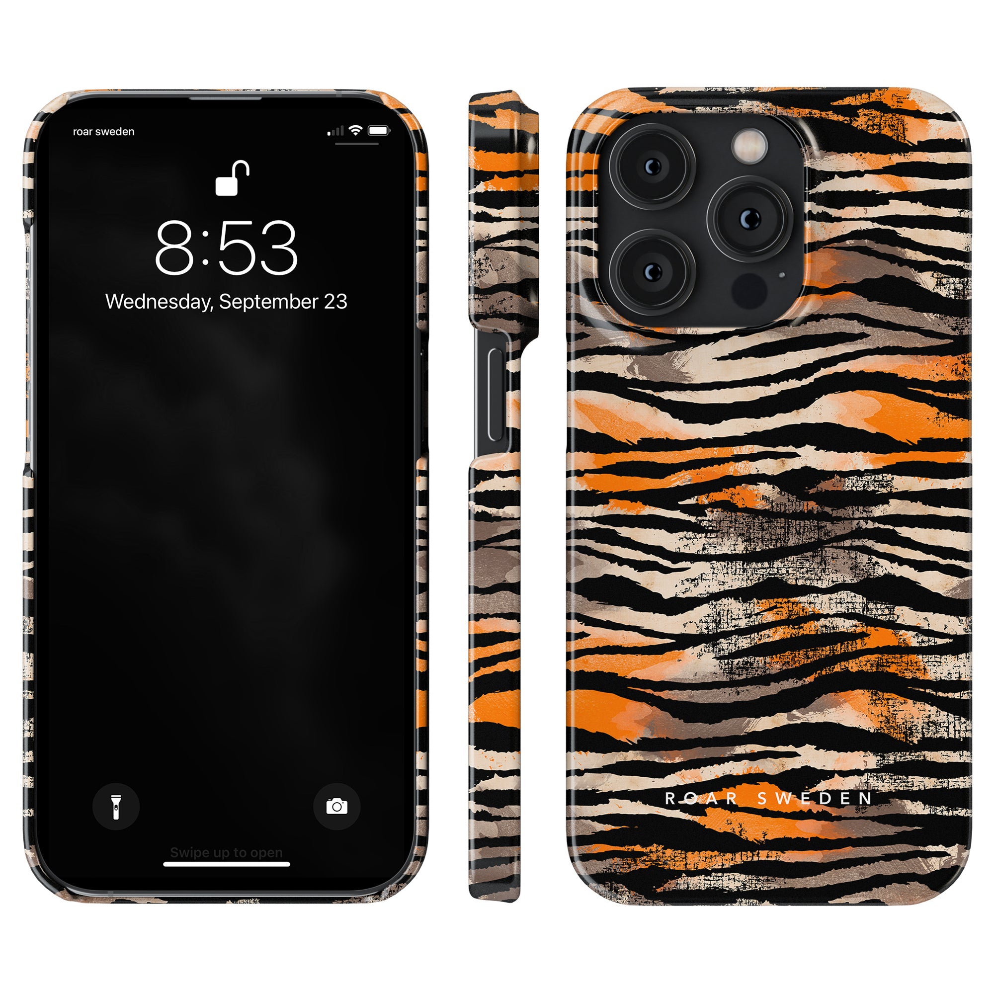 An orange and black tiger print Sun Tiger - Slim case, providing protection for the iPhone 11.