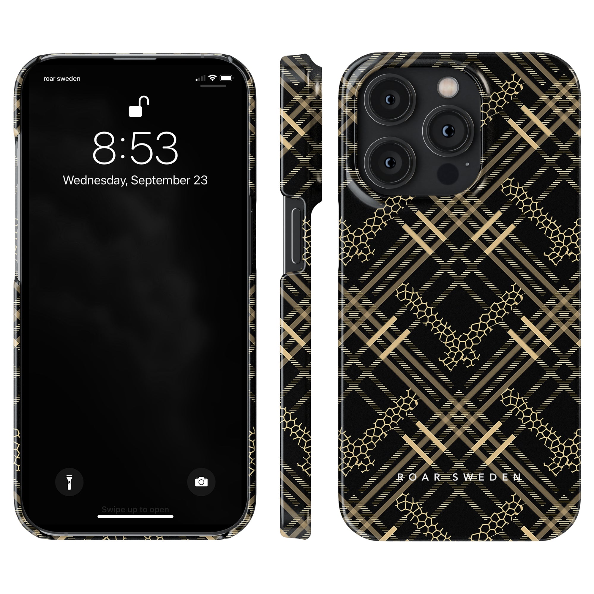 The Tartan Leo - Slim case is a stylish black and gold plaid pattern case designed specifically for the iPhone 11 Pro. Made by Roar Sweden, this sleek smartphone accessory adds a touch.