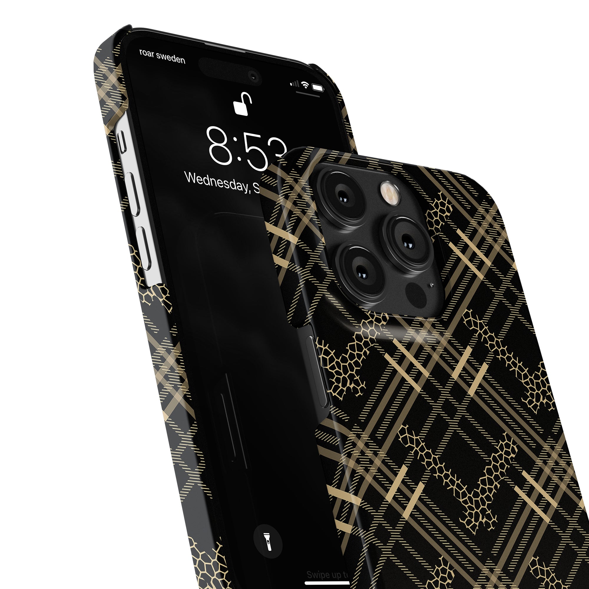 A Tartan Leo - Slim Case for the iPhone 11 Pro, featuring a stylish black and gold plaid design.